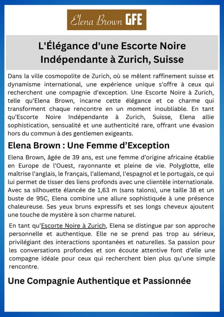 L'Élégance d'une Escorte Noire Indépendante à Zurich, Suisse