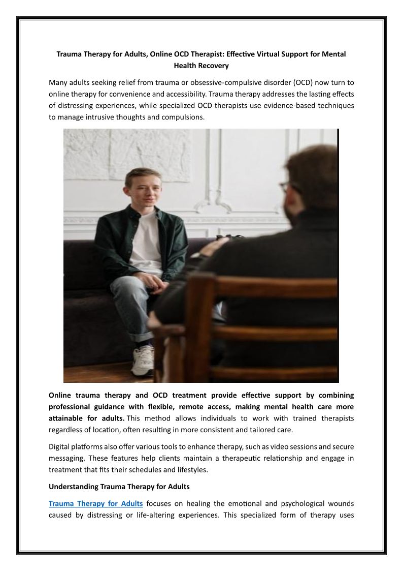 Trauma Therapy For Adults, Online OCD Therapist Effective Virtual Support For Mental Health Recovery