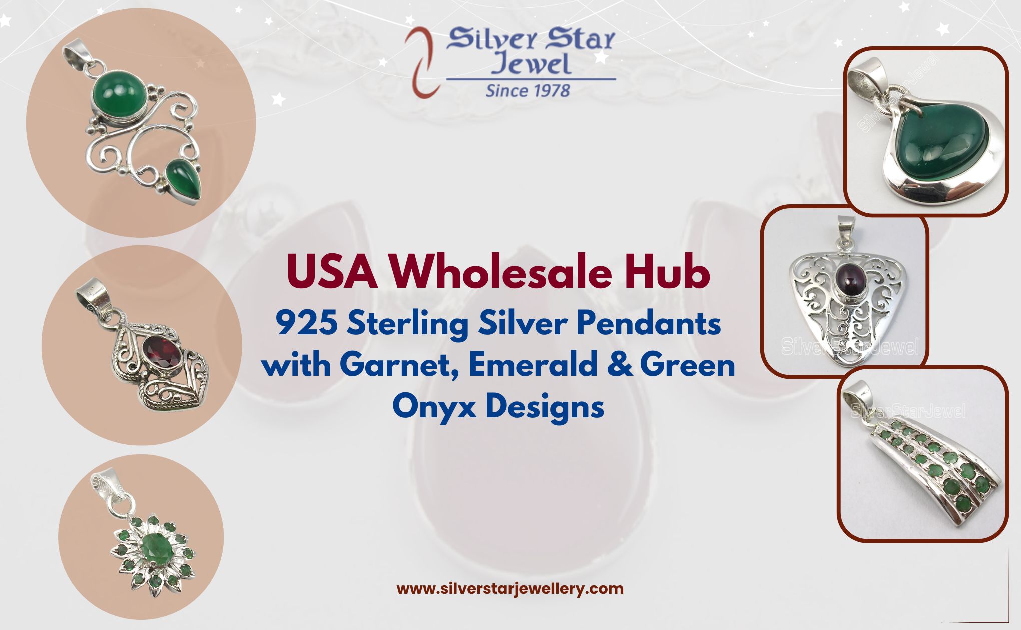 USA Wholesale Hub: 925 Sterling Silver Pendants with Garnet, Emerald & Green Onyx Designs